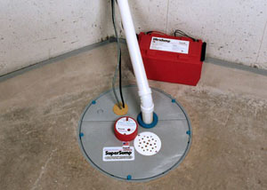 A sump pump system with a battery backup system installed in Watertown